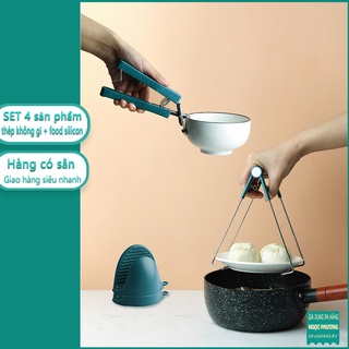Bộ dụng cụ kẹp gắp đồ nóng thức ăn đa năng inox chống bỏng kèm găng tay, miếng lót nồi silicon