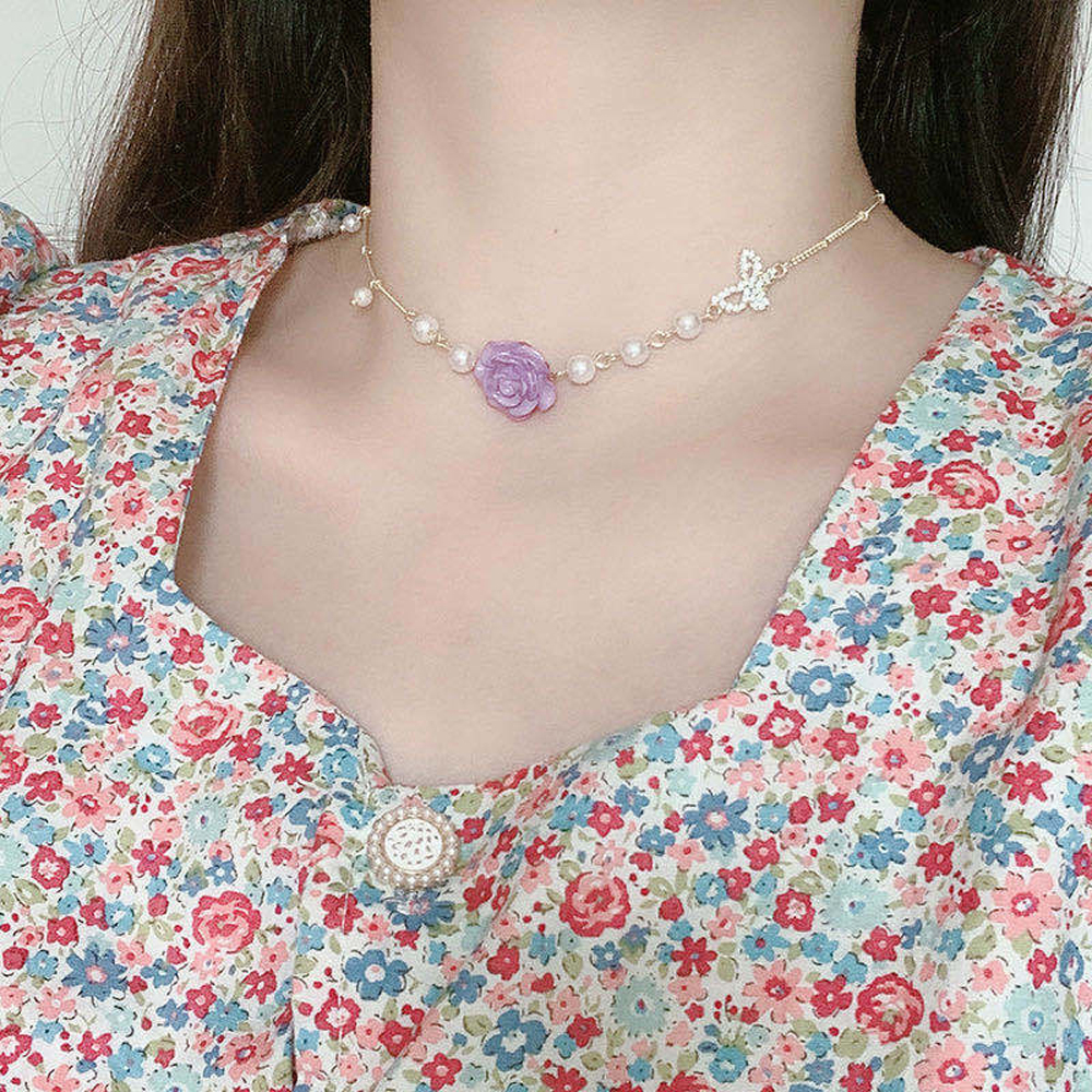 Vòng Cổ Mặt Hình Hoa Hồng Đính Ngọc Trai Nhân Tạo Thời Trang Dành Cho Bạn Nữ