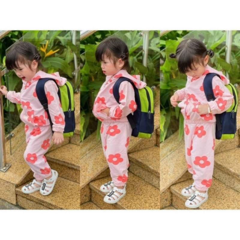 BỘ NỈ HOA MÀU HỒNG CÓ MŨ CHO BÉ