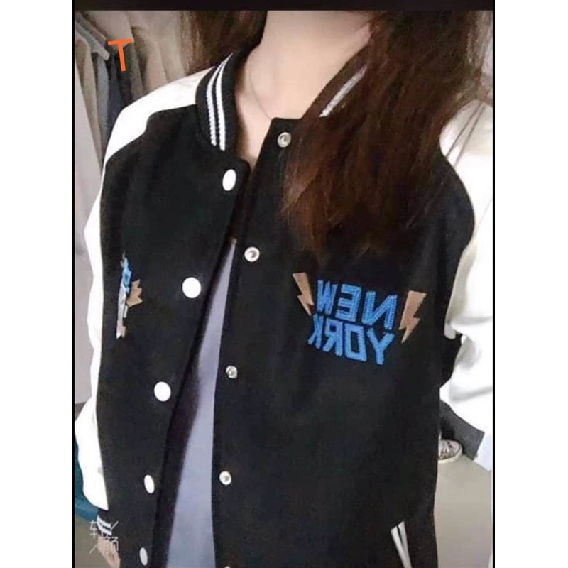 áo khoác nỉ bomber đen phố tay trắng new york CH