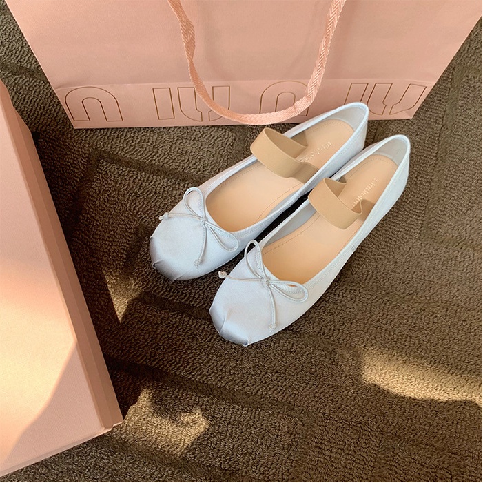 Giày Múa Ba Lê Đế Bằng Miệng Nông Đính Nơ Kiểu Retro Pháp Dễ Thương