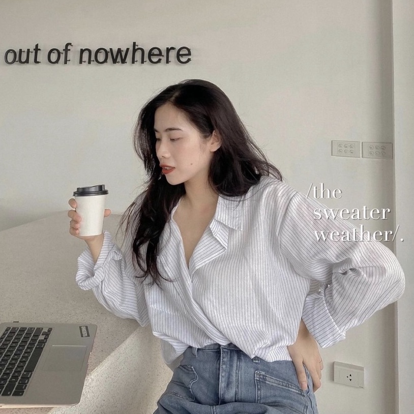 Áo sơ mi kẻ dài tay Hàn Quốc oversize siêu đẹp, áo sơ mi sọc tay dài vạt chéo