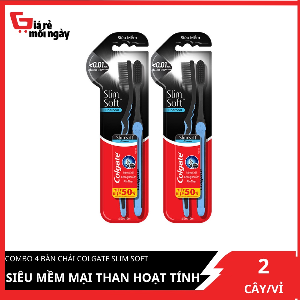 Bộ 4 bàn chải đánh răng Colgate Than hoạt tính kháng khuẩn Slimsoft Charcoal mềm mảnh 4 cây/bộ