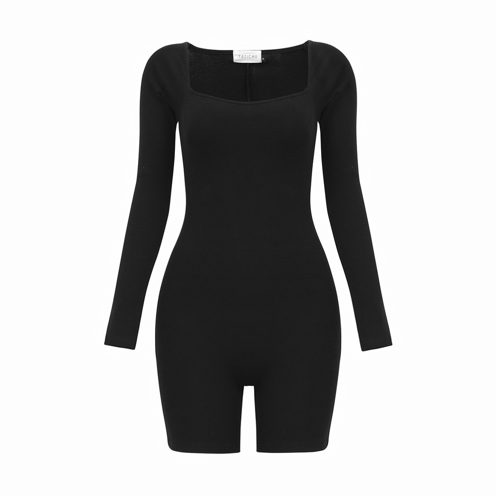 TATICHU - Ribbed Bodycon Romper _  Áo liền quần tay dài cổ vuông