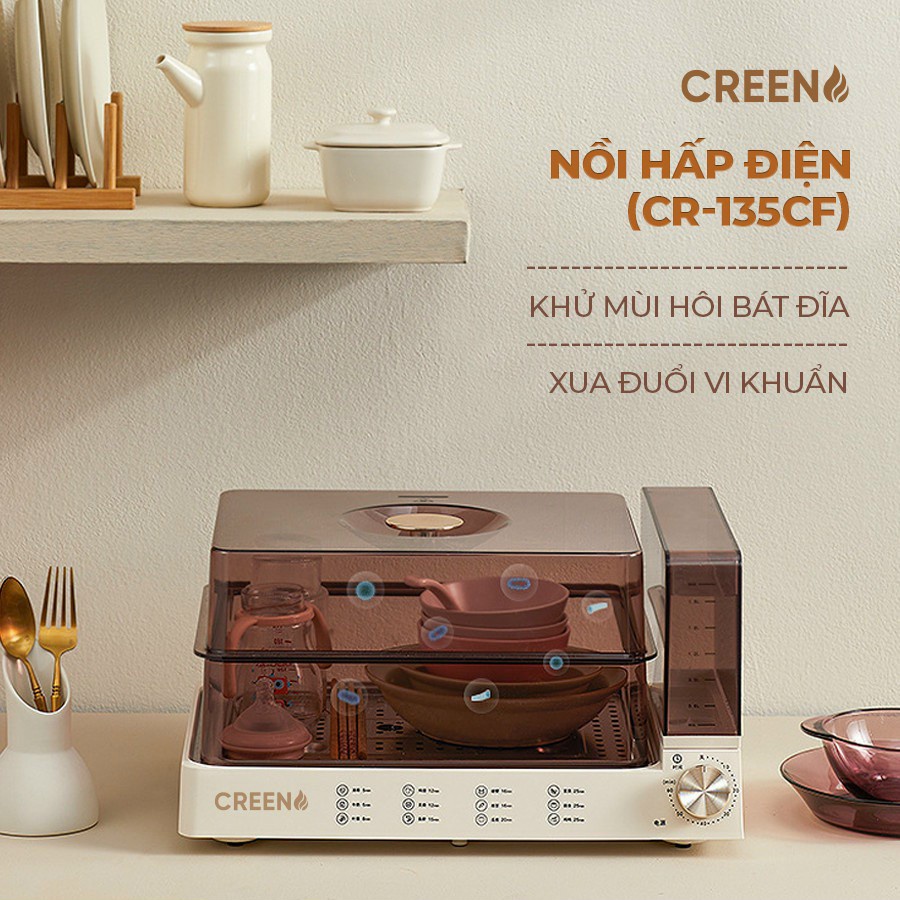 Nồi hấp điện CREEN CR-135CF dung tích 13.5L - Nồi hấp 2 tầng thông minh, giữ nhiệt