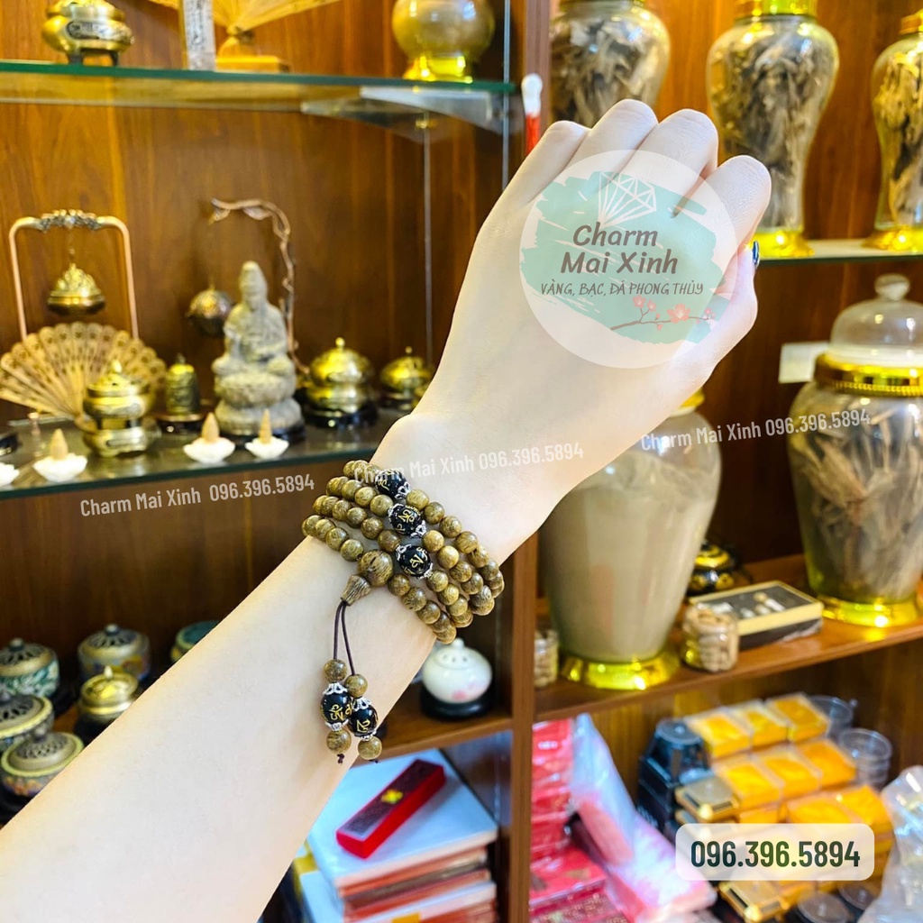 Chuỗi Trầm Hương Tốc 108 hạt 6mm + charm Đá Ngũ Bảo Tây Tạng khắc chú chữ Phạn Omani - Vòng Tay Gỗ tự nhiên Nam Nữ