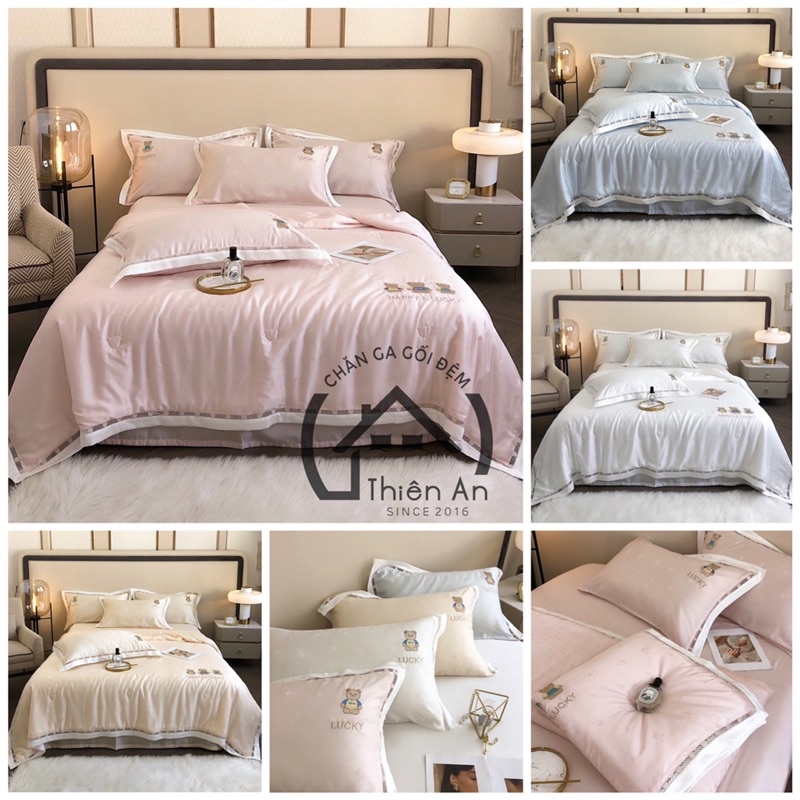 Bộ chăn ga gối Tencel 80s thêu gấu Teddy 4 màu - chăn chần hè bông tơ tằm