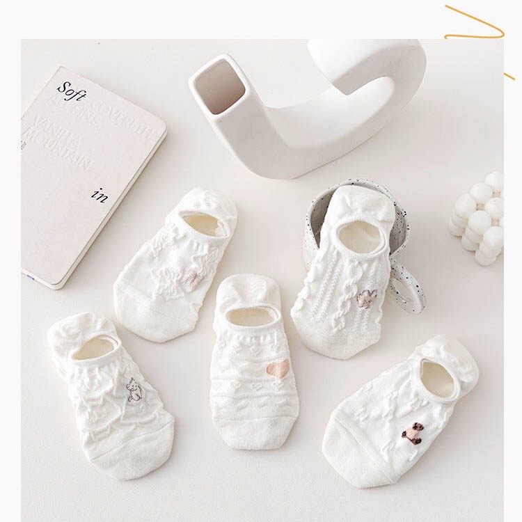 Tất nữ cổ ngắn trắng vớ lười chân cổ thấp set 5 đôi họa tiết cute dễ thương thời trang Hàn Quốc - Only Store