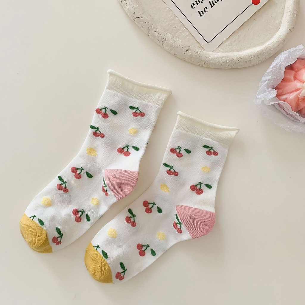 TL117 Tất vớ nữ cổ cao hình thêu hoa trái cây tiểu thư Lolita dễ thương