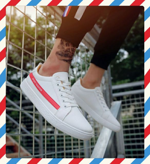 🎯FLASH SALE🃏Giày Da Nam Sneaker Thể Thao SHOES HOUSE 🧩mã G4- Trắng kẻ Đỏ Sport Fashion