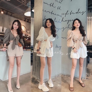 Set áo tay phồng nơ ngực quần short
