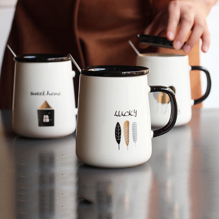 Cốc ly sứ có nắp kèm thìa Friend, Lucky, Sweet Home,..dung tích 420ml dùng hàng ngày, đựng trà, cafe,quà tặng