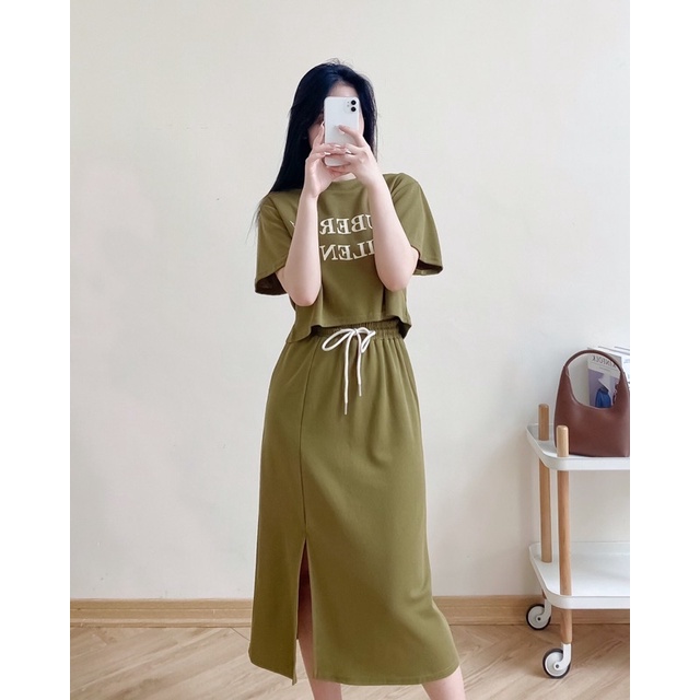Sét bộ áo phông chân váy dài rút dây xẻ cạnh puberty silent 72b02 by germe