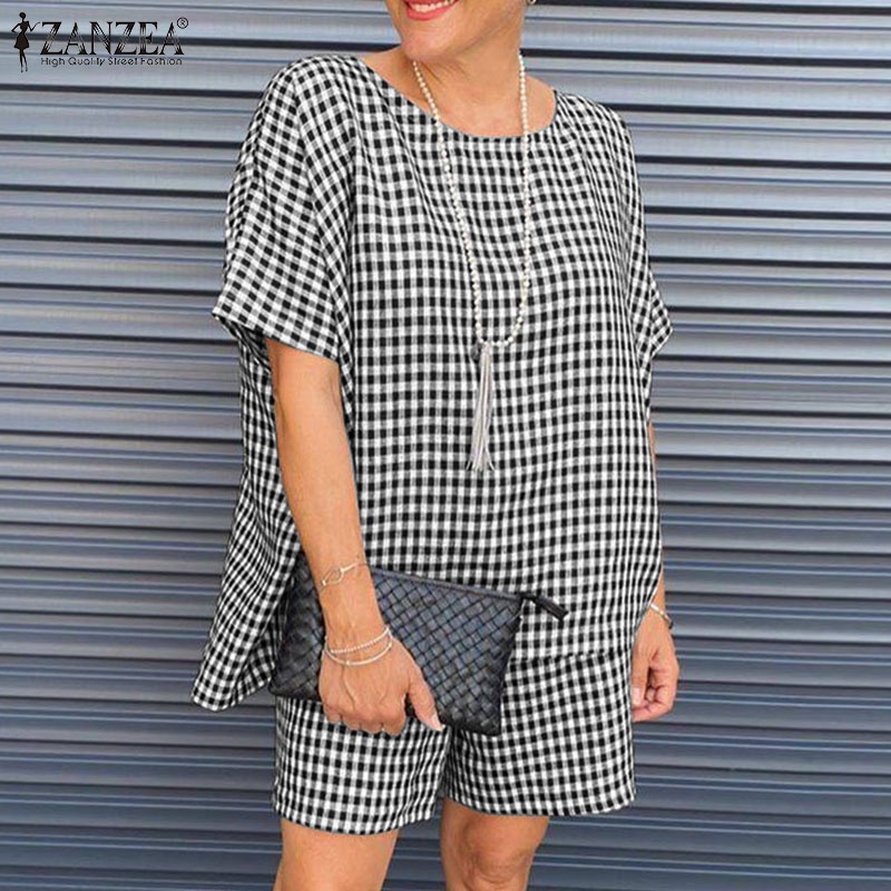 Set đồ ZANZEA gồm áo thun ngắn tay cổ tròn + quần short lưng thun họa tiết caro thời trang nữ
