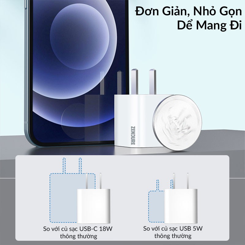 Củ Sạc Nhanh 20W Zendure SuperPort Nano PD3.0 Siêu Nhỏ Dung Cho iPhone 12 Pro Max, 11, Xs Max, X, Xs, 8 Plus