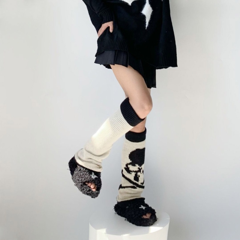 Xiangbao Vớ Dệt Kim Giữ Ấm Đầu Gối Họa Tiết Đầu Lâu Phong Cách Gothic Punk Cho Nữ