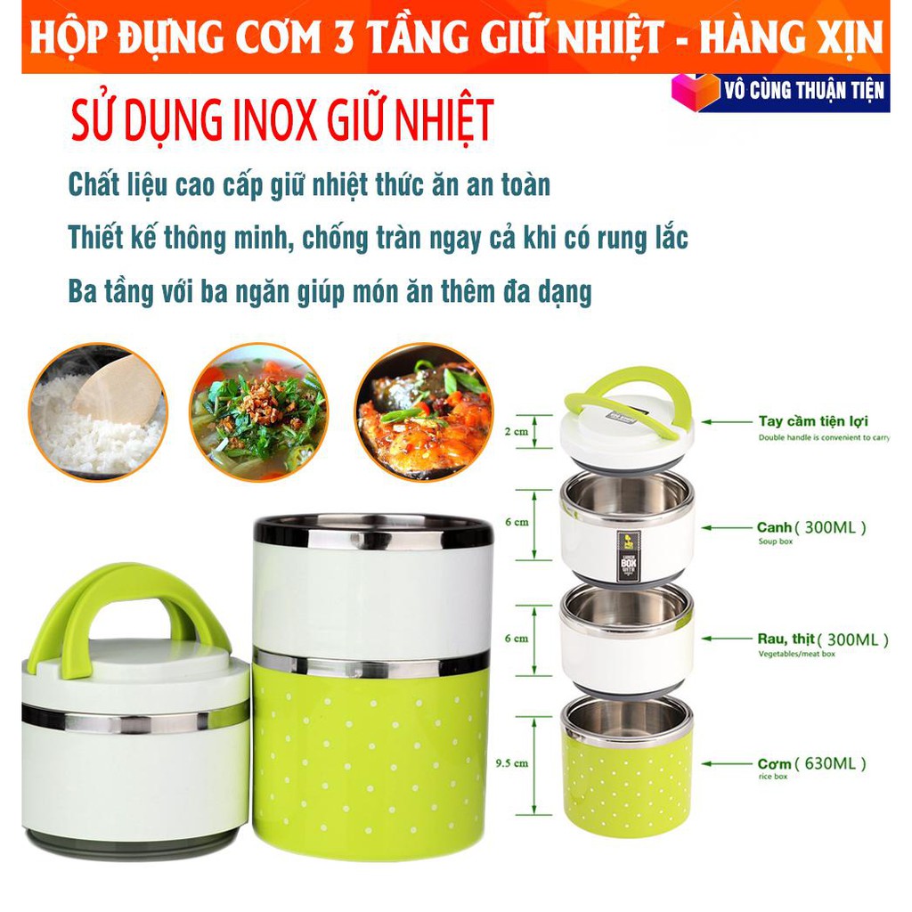 Cặp lồng cơm 3 tầng chấm bi chân không cách nhiệt - hộp cơm inox giữ nhiệt - camen cơm chấm bi