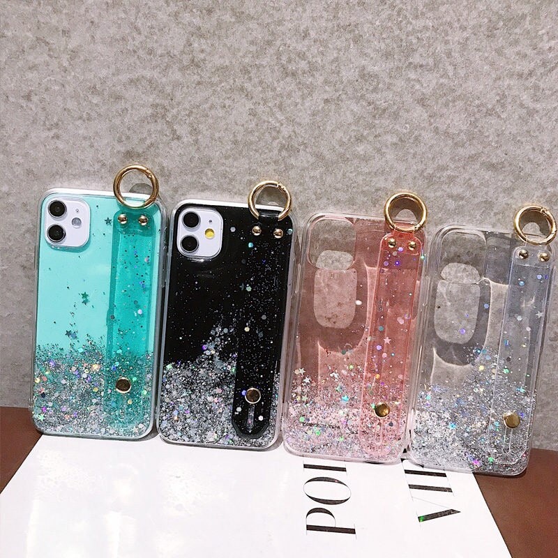 Ốp Điện Thoại Silicone Trong Suốt Đính Kim Tuyến Kèm Dây Móc Xỏ Ngón Cho iPhone XS Max X XR 8 7 6 6s Plus SE 2020