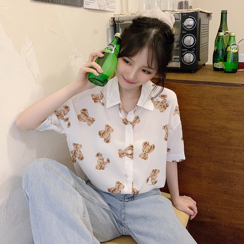 Áo Sơ Mi Voan Ngắn Tay Dáng Rộng In Họa Tiết Gấu Xinh Xắn Theo Phong Cách Mùa Hè Mới Dành Cho Nữ