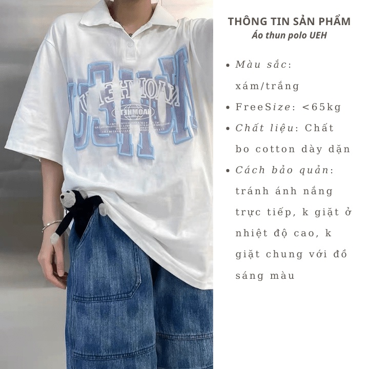 Áo thun polo nam nữ in hoạ tiết UEH form rộng unisex phong cách ulzzang 2 màu xám trắng chất bo cotton Rô Store AT76