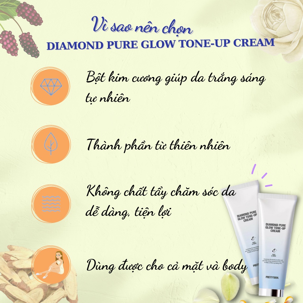 Kem dưỡng nâng tone Prettyskin Face &amp; Body Diamond Pure Glow Tone Up Cream 100ml cho da sáng mịn