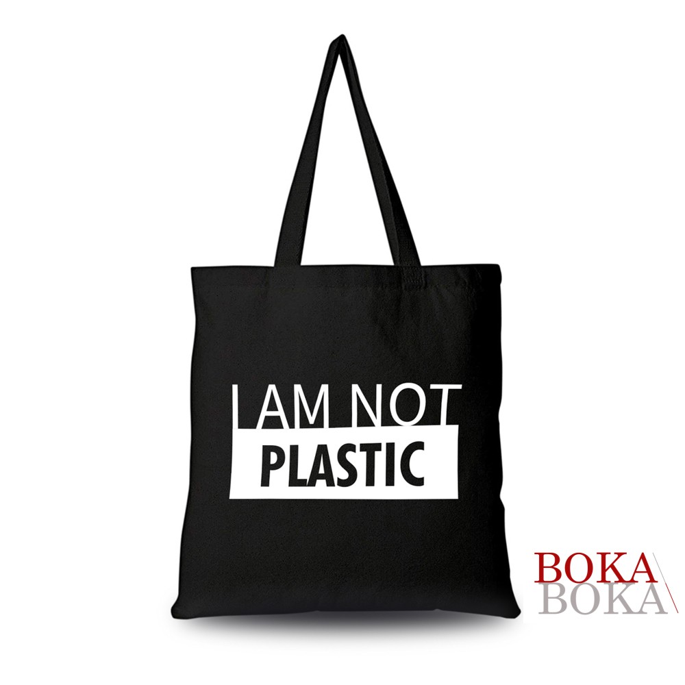 Túi Tote Canvas Màu Đen Có Khóa In Hình I Am Not Plastic Bảo Vệ Môi Trường