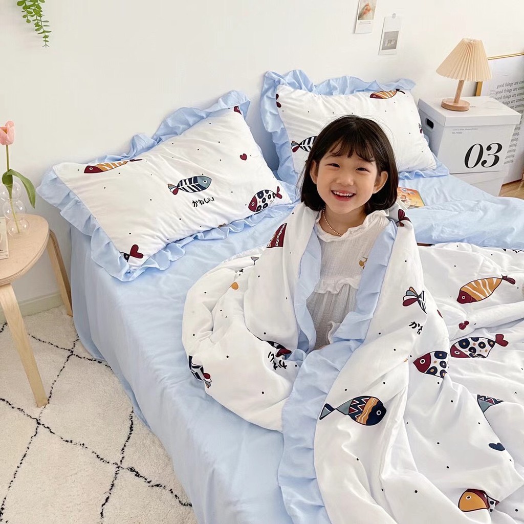 Bộ chăn đũi hè vỏ ga và 2 vỏ gối M2T bedding chăn lót bông thiết kế phối bèo họa tiết Đại Dương xanh