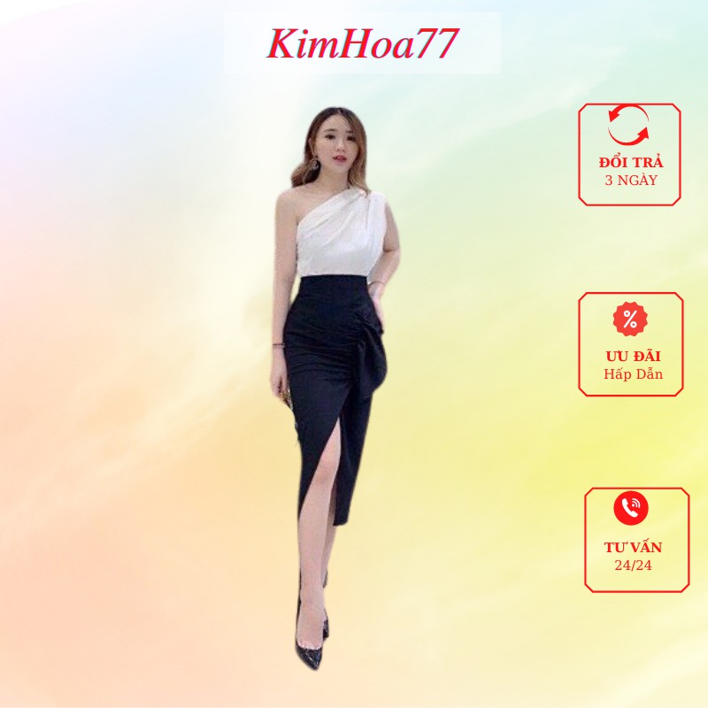 Sét váy áo lụa lệch vai mix chân váy umi xẻ tà freesize kimhoa77