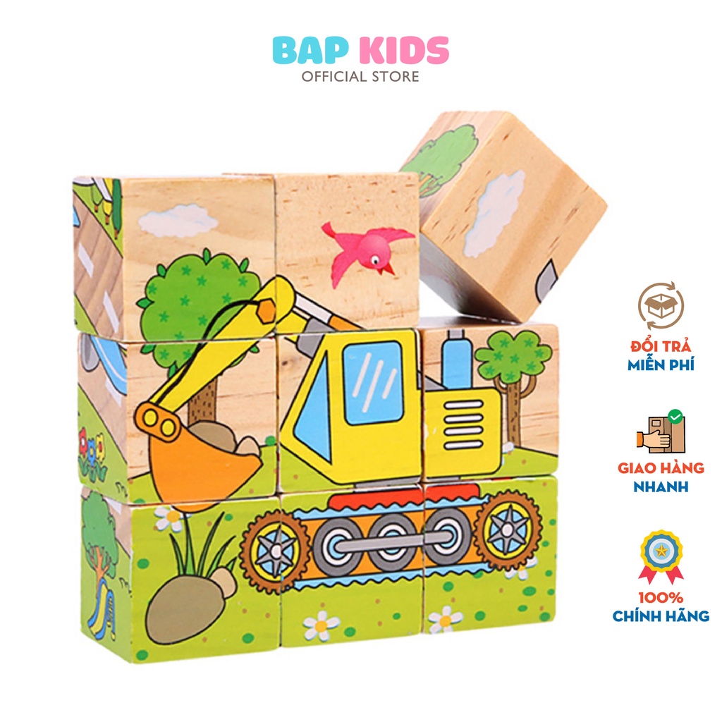 Đồ chơi Bapkids Xếp hình 9 khối gỗ 6 mặt tranh khác nhau