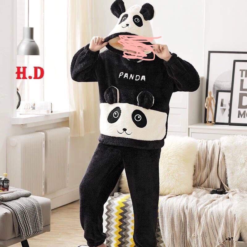 Bộ đồ lông cừu gấu trúc Pana nam nữ lông 2 mặt, tai mũ to siêu dầy ấm áp mùa đông không lạnh