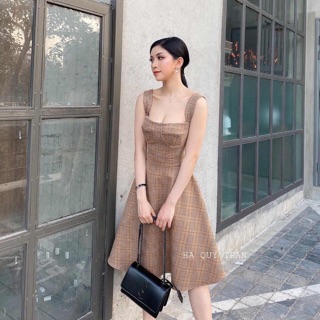 Đầm dự tiệc 2S vintage caro nâu tây dáng váy midi xoè
