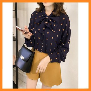 Áo sơ mi nữ kiểu cổ thắt nơ búp bê điểm chấm bi  [TTBK]