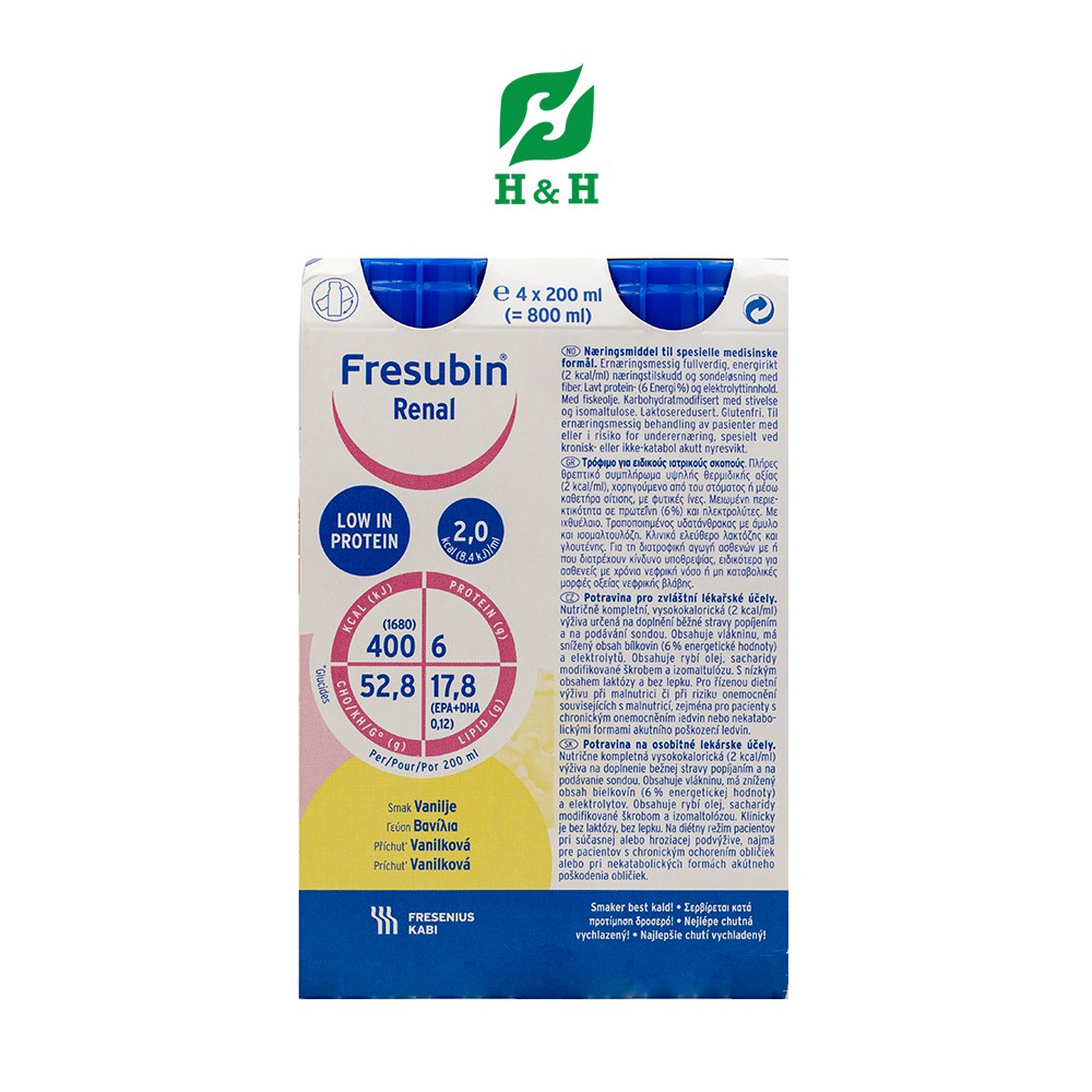 Sữa Fresubin Renal Drink hương Vanilla Dinh dưỡng tối ưu cho người suy thận trước lọc thận - lốc 4 chai/200ml