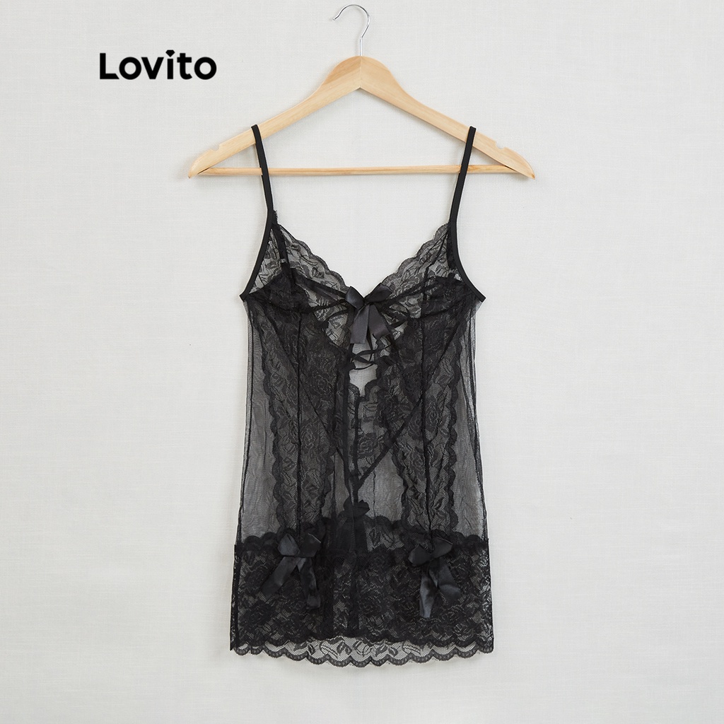 Đồ lót Lovito vải xuyên thấu ren tương phản phối dây buộc sexy không có miếng đệm L17X458 (màu đen) | BigBuy360 - bigbuy360.vn