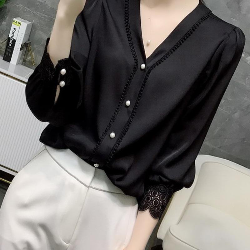 Áo Sơ Mi Chiffon Tay Dài Cổ Chữ V Phối Ren Màu Trắng Cài Nút Thời Trang Mùa Thu Hàng