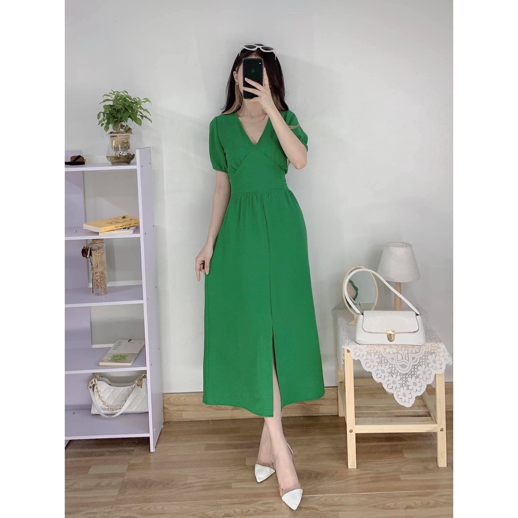 Váy Kat vàng xanh xẻ gấu