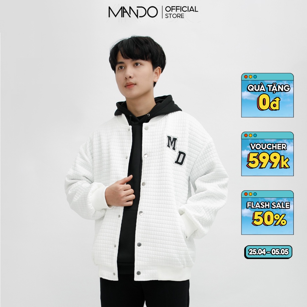 Áo Khoác Varsity Bomber Nỉ Xốp Cao Cấp Nam MANDO Họa Tiết Thêu 2 Màu Be Trắng Basic Unisex Form Rộng Hàn Quốc NDN095