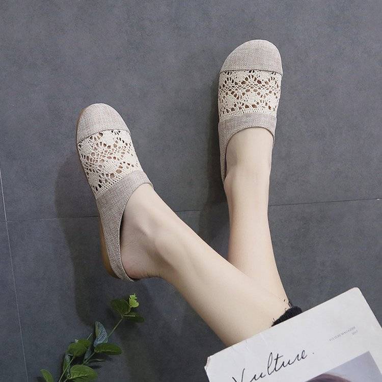 Giày Lười Vải Lanh Phối Ren Lỗ Thời Trang Mới Cho Nữ