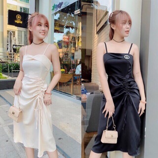 Đầm hai dây phi lụa rút tà
