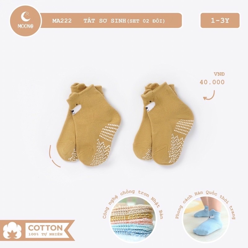 Moon - Set 2 đôi tất sơ sinh 100% Cotton tự nhiên chống trơn cho bé