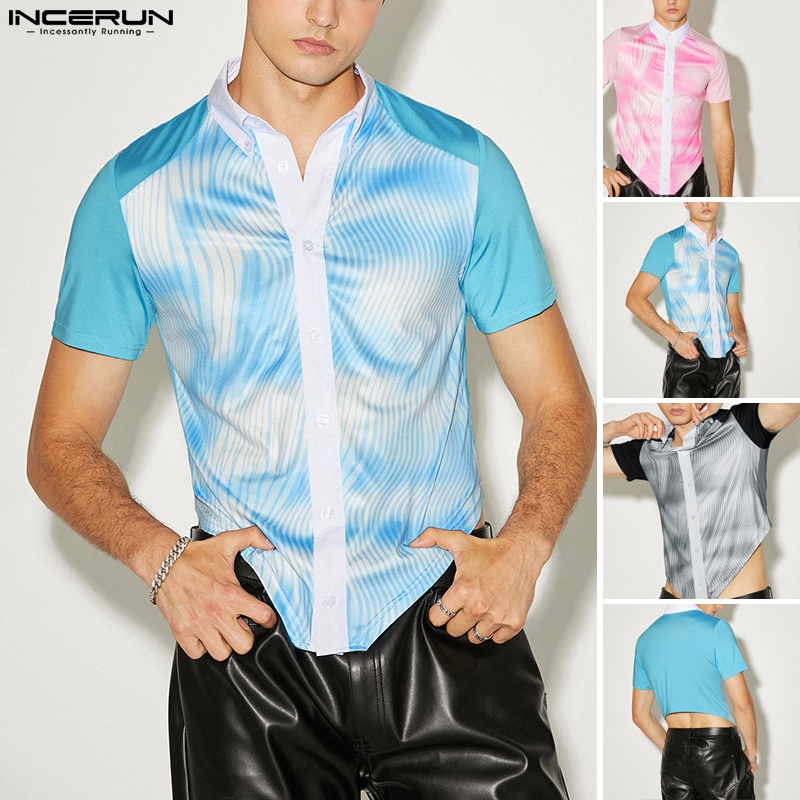 INCERUN Áo Sơ Mi Tay Ngắn Cài Khuy In Họa Tiết Độc Đáo Thời Trang Cho Nam
