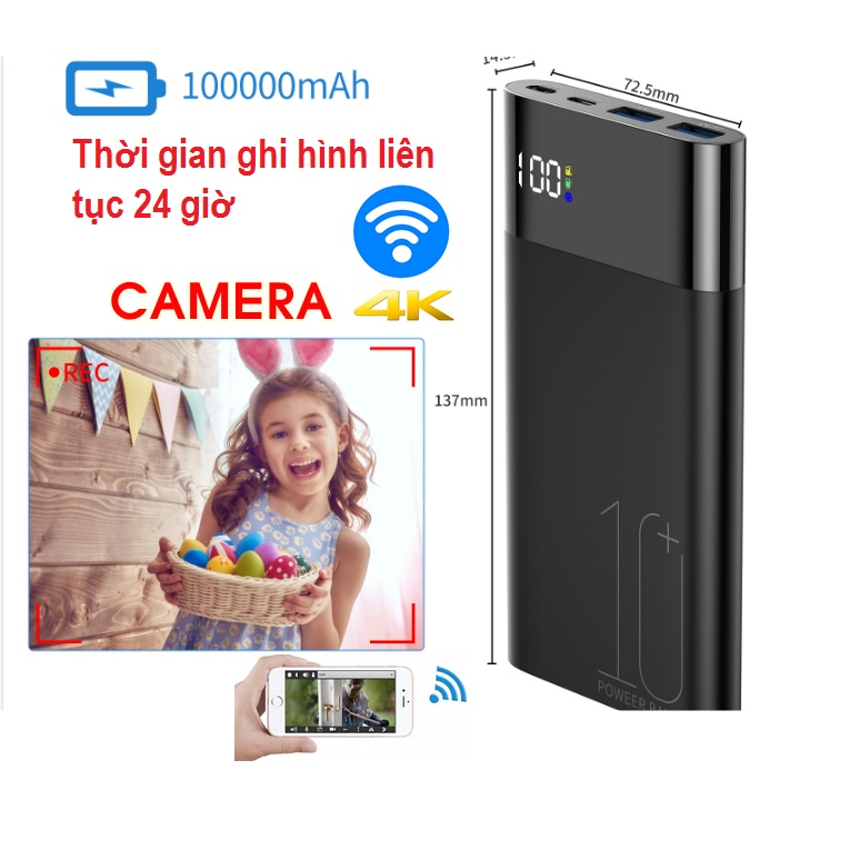 Sạc Dự Phòng H20 10000 mAh Cao Cấp - Sạc dự phòng H20 4K FULLHD 1080 WiFi giám sát từ xa qua điện thoại