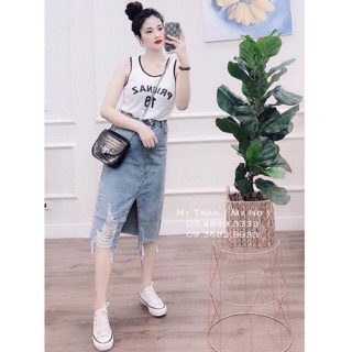 2.0 Chân váy bò xẻ trước tua rua siêu đẹp