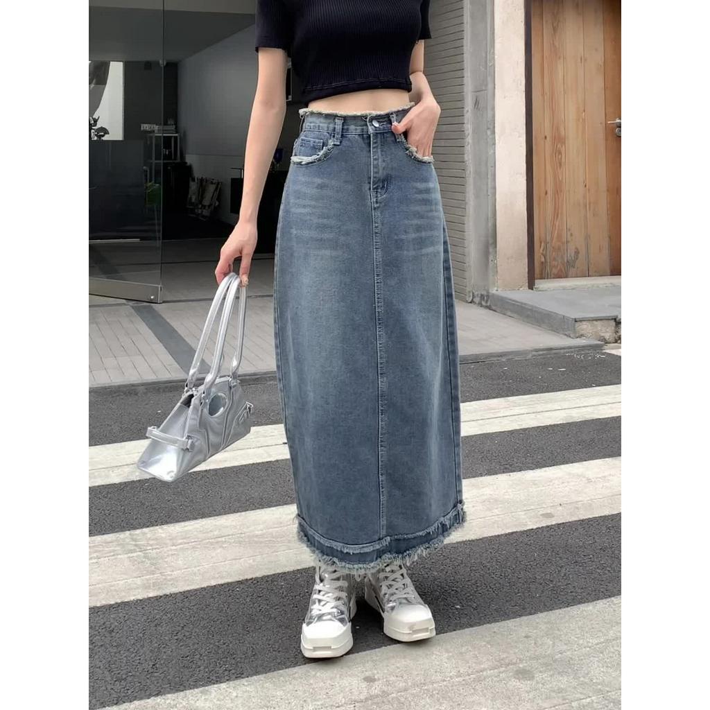 Chân váy jean Dài Dáng Chữ A Lưng Cao Phong Cách Cổ Điển Thời Trang Cho Nữ