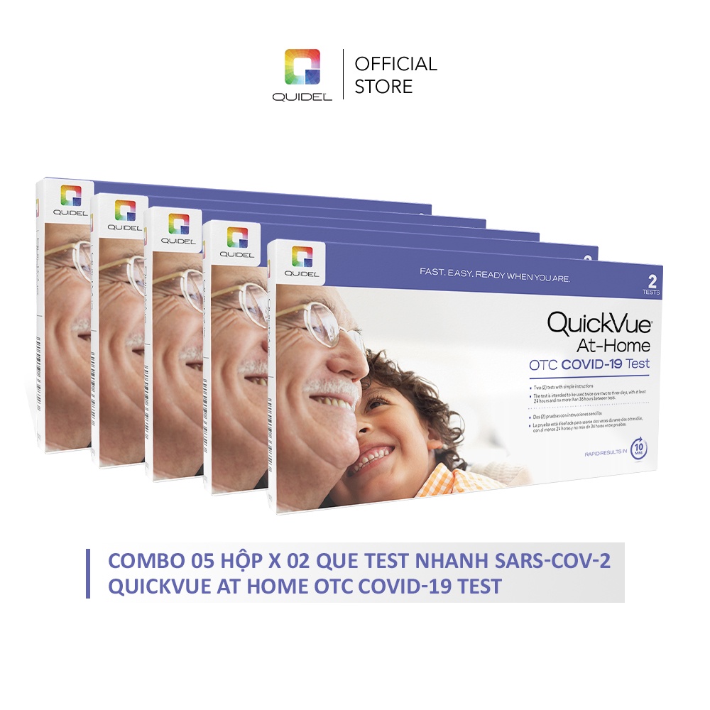 Combo 5 hộp x 2 kit QuickVue Covid-19 Test nhanh tại nhà (lấy mẫu mũi chỉ 1.5 - 2cm không gây đau) - Hàng Mỹ chính hãng