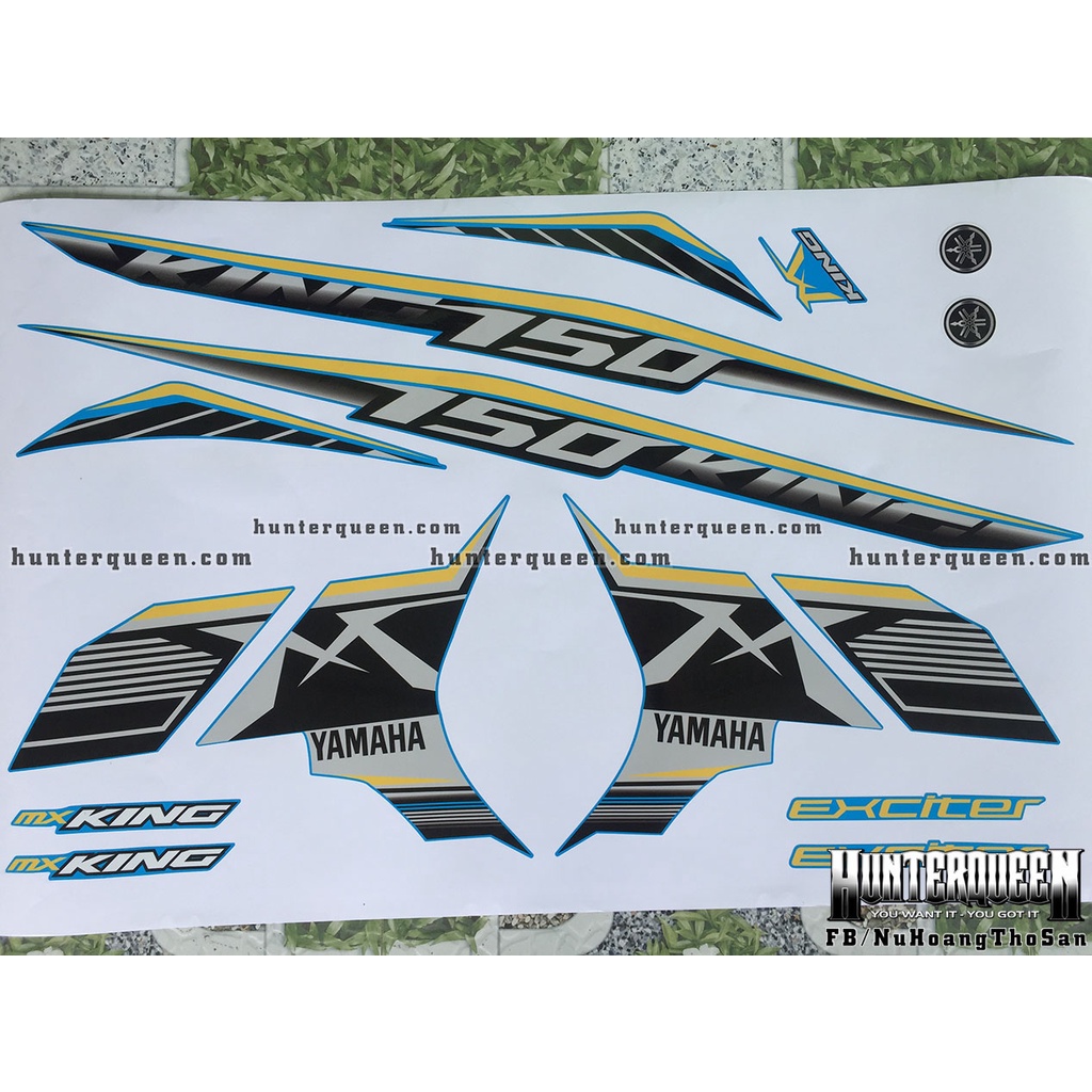 Tem rời dán xe Exciter 150 màu xanh, phối màu bạc đen vàng. Decal cao cấp không bay màu