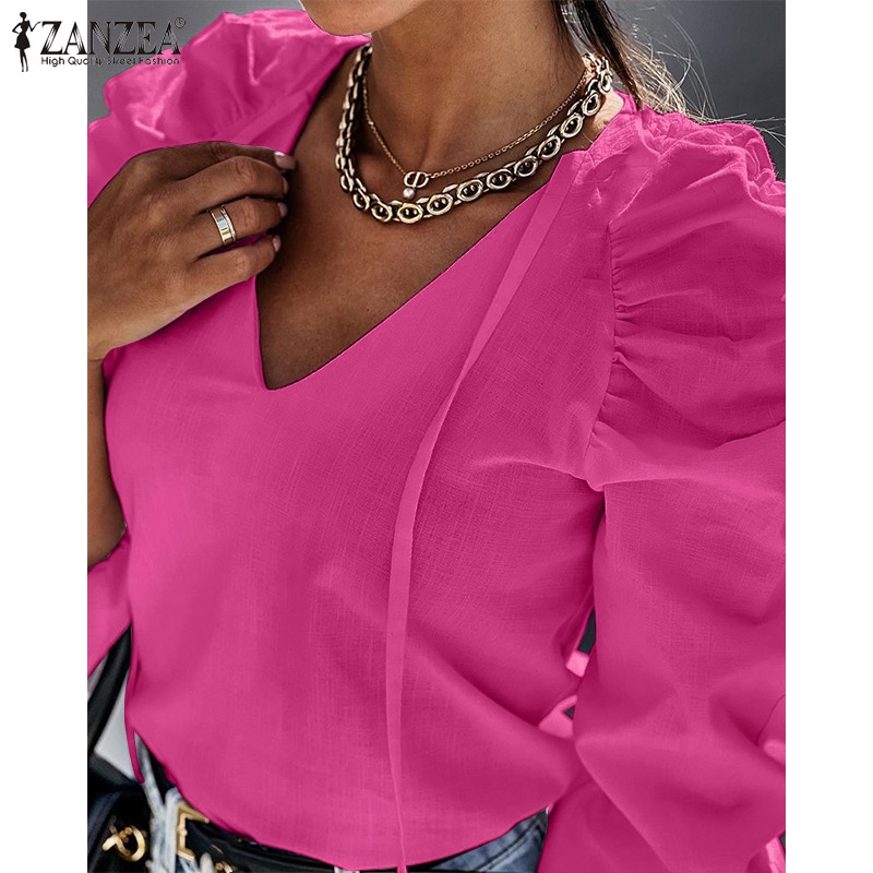 Áo kiểu Zanzea tay dài phồng thiết kế cổ chữ v thắt dây thời trang thanh lịch cho nữ