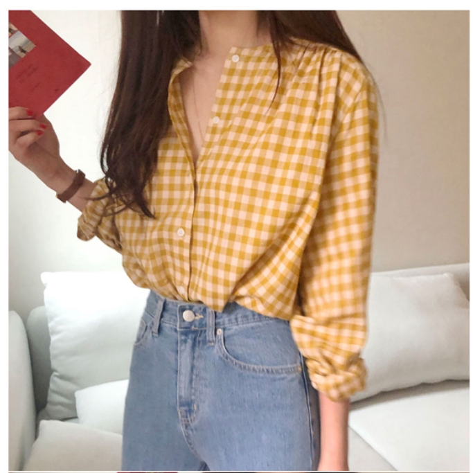 SUXI Áo sơ mi sọc caro giản dị màu vàng thời trang phong cách Hàn Quốc