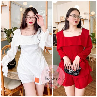 [Ảnh thật] Set áo peplum cổ vuông tay nơ kèm quần short dễ thương