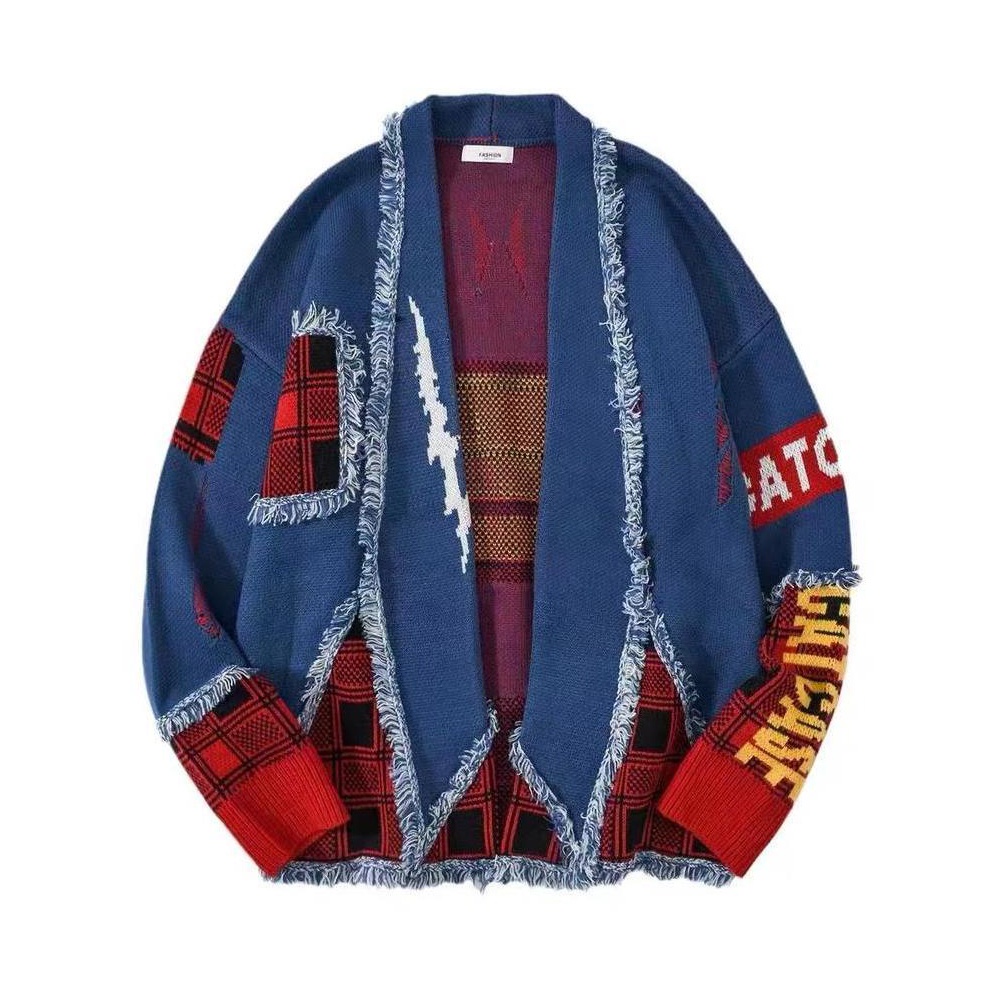 Phong cách Vintage dân tộc phong cách đường phố xu hướng màu xanh kẻ sọc nối trung bình dài cardigan áo len cho nam giới và phụ nữ màu sắc đánh vần bóng chày phù hợp với các cặp vợ chồng áo len denim